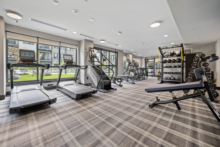 Modern gym with treadmills, elliptical machines, weight racks, benches, and large windows with outdoor view.