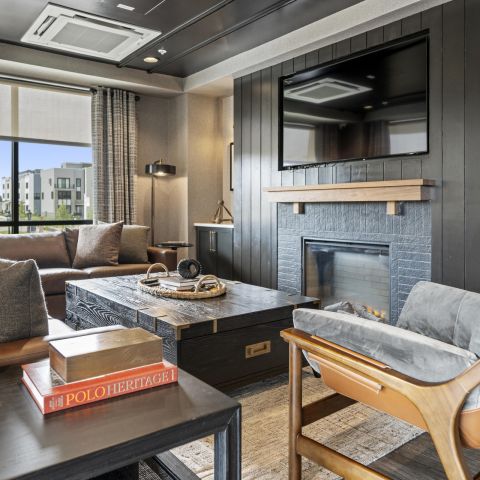 Modern living room with dark walls, fireplace, large TV, sofa, armchair, and window with city view.